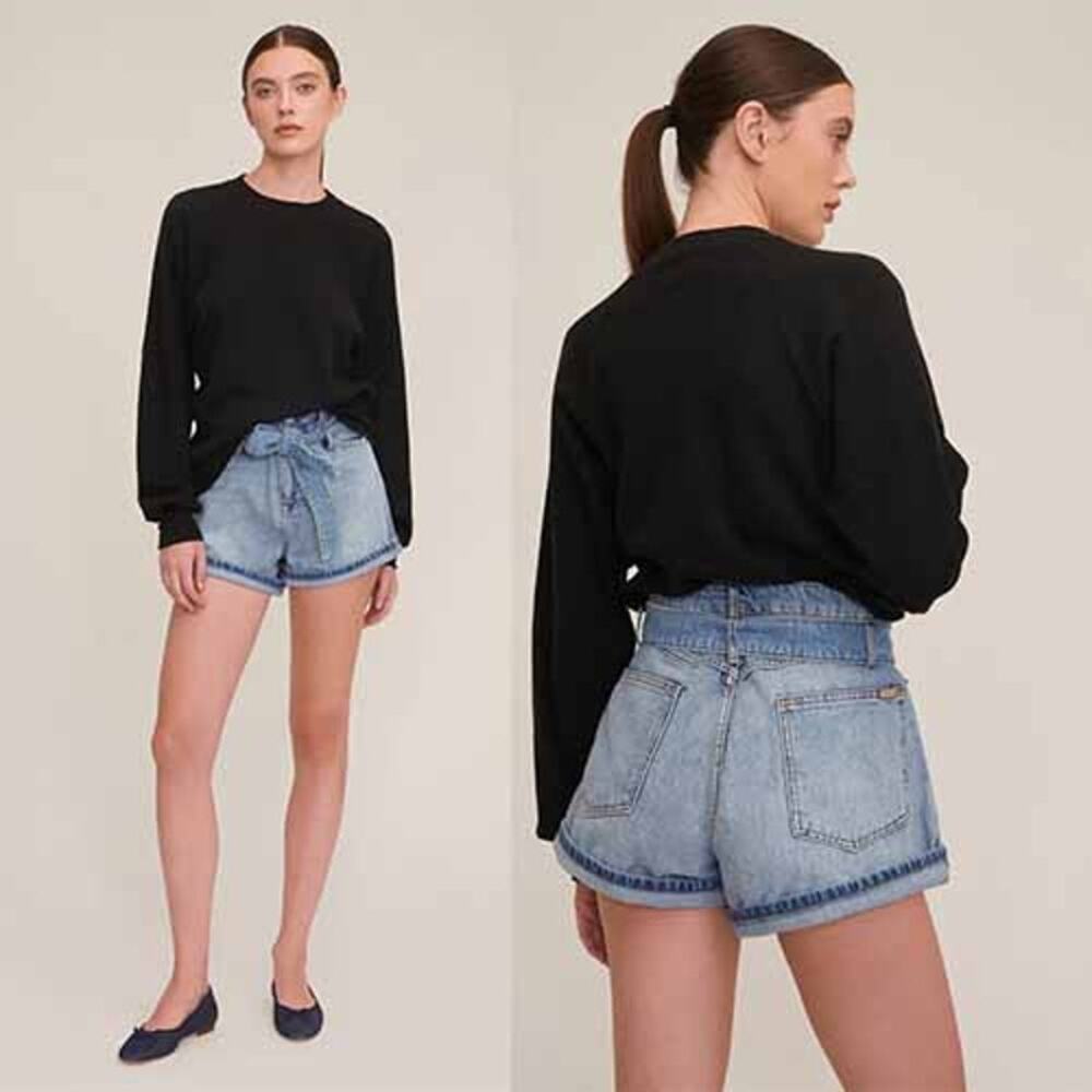 NWT Marissa Webb So Uptight Waffle Knit Crewneck Ribbed Trim Sweater Black